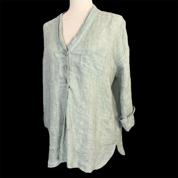 J. Jill Pure Sage Green Linen Top Size M Petite Pleated Neckline Coastal Preppy - Picture 1 of 14